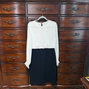 Ted Baker Two-Tone Long-Sleeve Shift Dress in White and Black